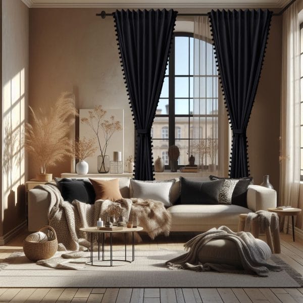 ZASŁONA DEKORACYJNA OZDOBIONA POMPONIKAMI NA TAŚMIE MARSZCZĄCEJ