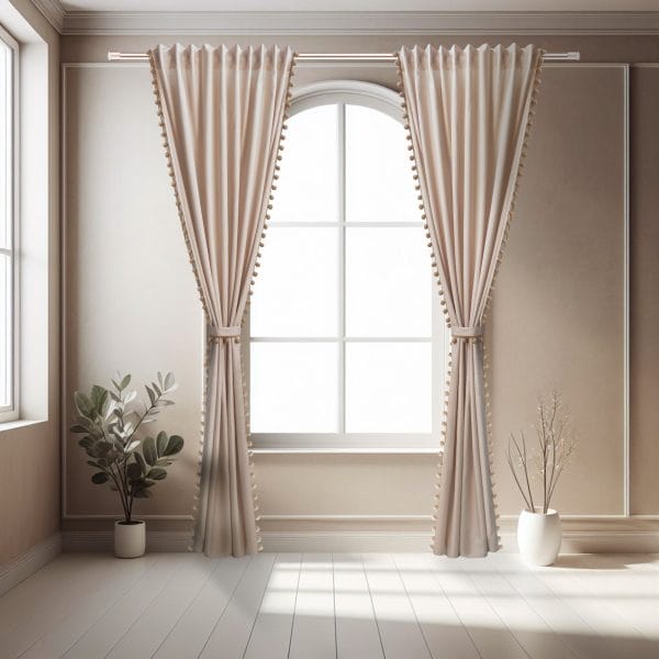 ZASŁONA DEKORACYJNA OZDOBIONA POMPONIKAMI NA TAŚMIE MARSZCZĄCEJ