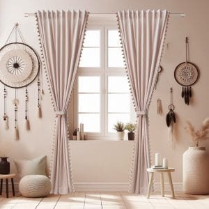 ZASŁONA DEKORACYJNA OZDOBIONA POMPONIKAMI NA TAŚMIE MARSZCZĄCEJ