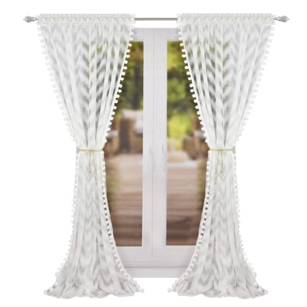 KOMPLET DWÓCH FIRAN ŻAKARDOWYCH Z POMPONIKAMI 140X250 CM