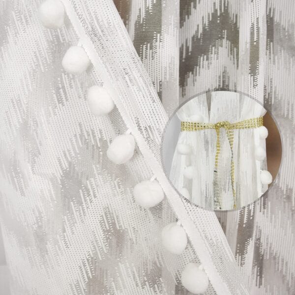 KOMPLET DWÓCH FIRAN ŻAKARDOWYCH Z POMPONIKAMI 140X250 CM