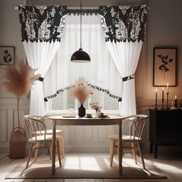 ZESTAW DEKORACYJNY Z ZASŁONAMI WELUROWYMI OZDOBIONY POMPONIKAMI 300X155 CM