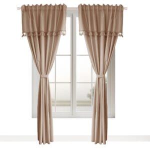 ZASŁONA DEKORACYJNA OZDOBIONA FRĘDZLAMI NA TAŚMIE MARSZCZĄCEJ