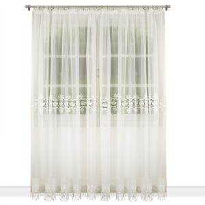DŁUGA FIRANA WOALOWA Z GIPIURĄ ORAZ HAFTEM W KOLORZE ECRU 400X250 CM