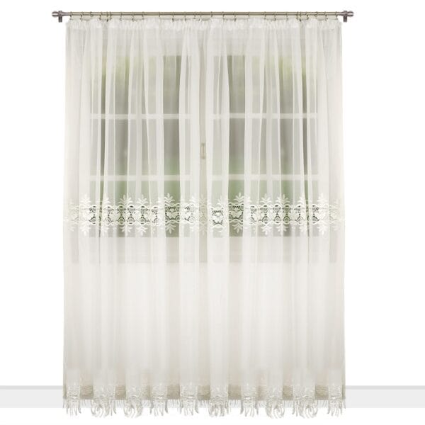 DŁUGA FIRANA WOALOWA Z GIPIURĄ ORAZ HAFTEM W KOLORZE ECRU 400X250 CM