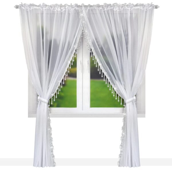 BIAŁA WOALOWA FIRANA NA TAŚMIE MARSZCZĄCEJ ZDOBIONA KORALIKAMI