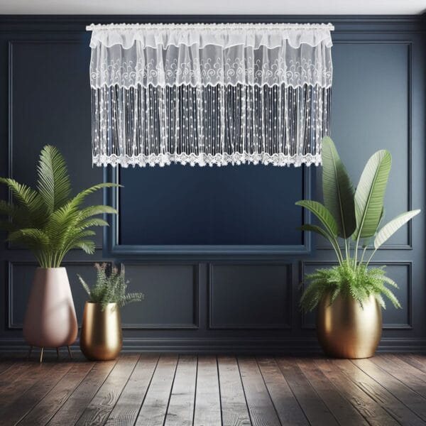 KRÓTKA FIRANA WOALOWA Z HAFTEM I GIPIURĄ NA TAŚMIE MARSZCZĄCEJ 400X90 CM