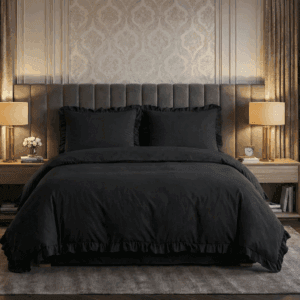 Pościel z falbanką 200x220 cm czarna zestaw z 2 poszewkami LULA