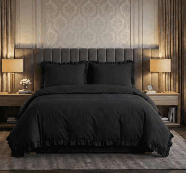 Pościel z falbanką 200x220 cm czarna zestaw z 2 poszewkami LULA