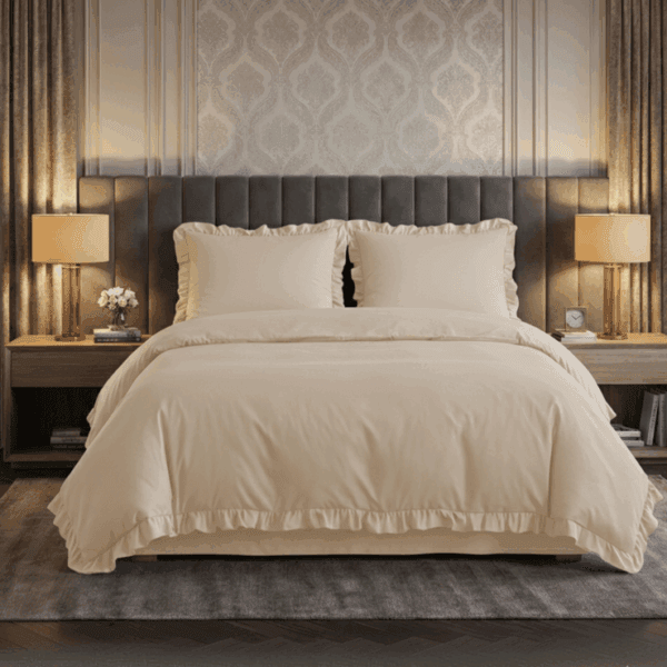 Pościel z falbanką 160×200 cm beżowa zestaw z 2 poszewkami LULA