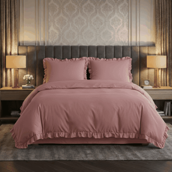 Pościel z falbanką 160x200 cm pudrowy róż zestaw z 2 poszewkami LULA