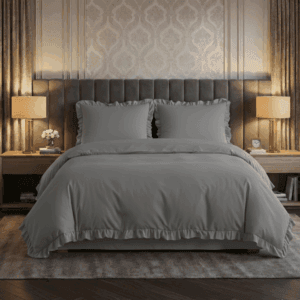 Pościel z falbanką 200x220 cm szara zestaw z 2 poszewkami LULA