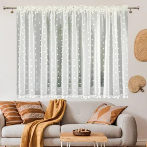 Firana sable 100x50 cm zdobiona pomponikami na taśmie SABLINA